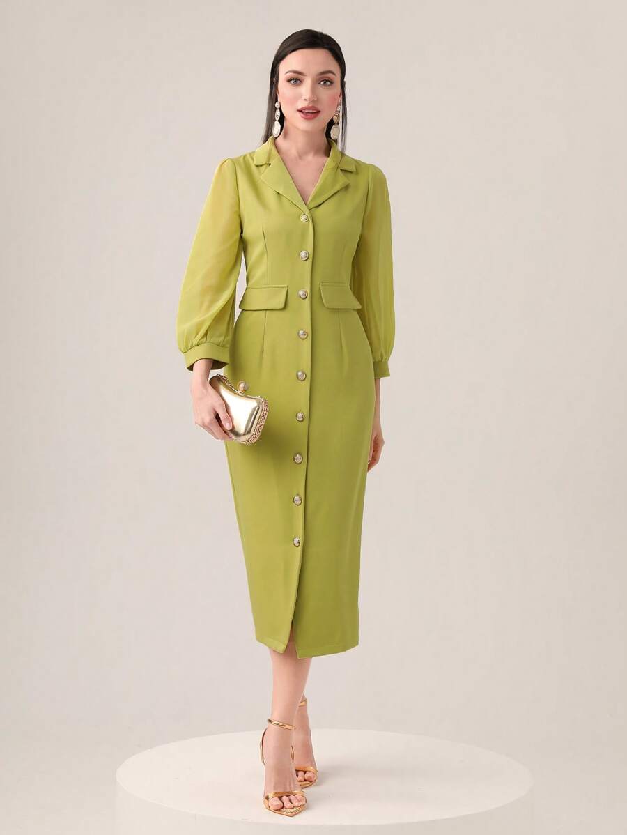 Modelyn Đầm Cắt ra Nút phía trước màu trơn Thanh lịch - màu xanh lá - Xem 1