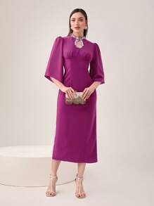 Modelyn Vestido de cuello con abertura de ojo de manga con volante con abertura trasera - Morado - Ver 1