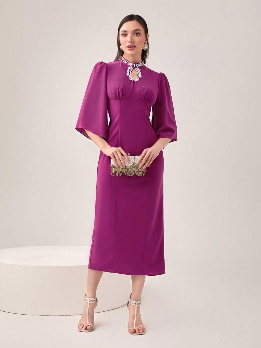 Modelyn Vestido de cuello con abertura de ojo de manga con volante con abertura trasera - Morado - Ver 1