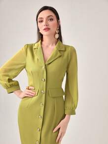 Modelyn Đầm Cắt ra Nút phía trước màu trơn Thanh lịch - màu xanh lá - Xem 3