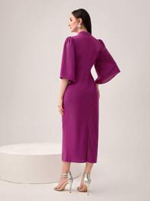 Modelyn Vestido de cuello con abertura de ojo de manga con volante con abertura trasera - Morado - Ver 2