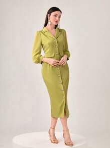 Modelyn Đầm Cắt ra Nút phía trước màu trơn Thanh lịch - màu xanh lá - Xem 4