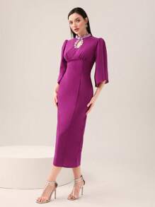 Modelyn Vestido de cuello con abertura de ojo de manga con volante con abertura trasera - Morado - Ver 3