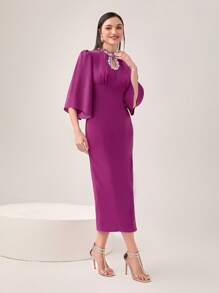 Modelyn Vestido de cuello con abertura de ojo de manga con volante con abertura trasera - Morado - Ver 4
