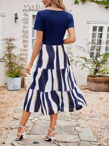 Striped Print Ruffle Hem Dress - Blue and White - View 2