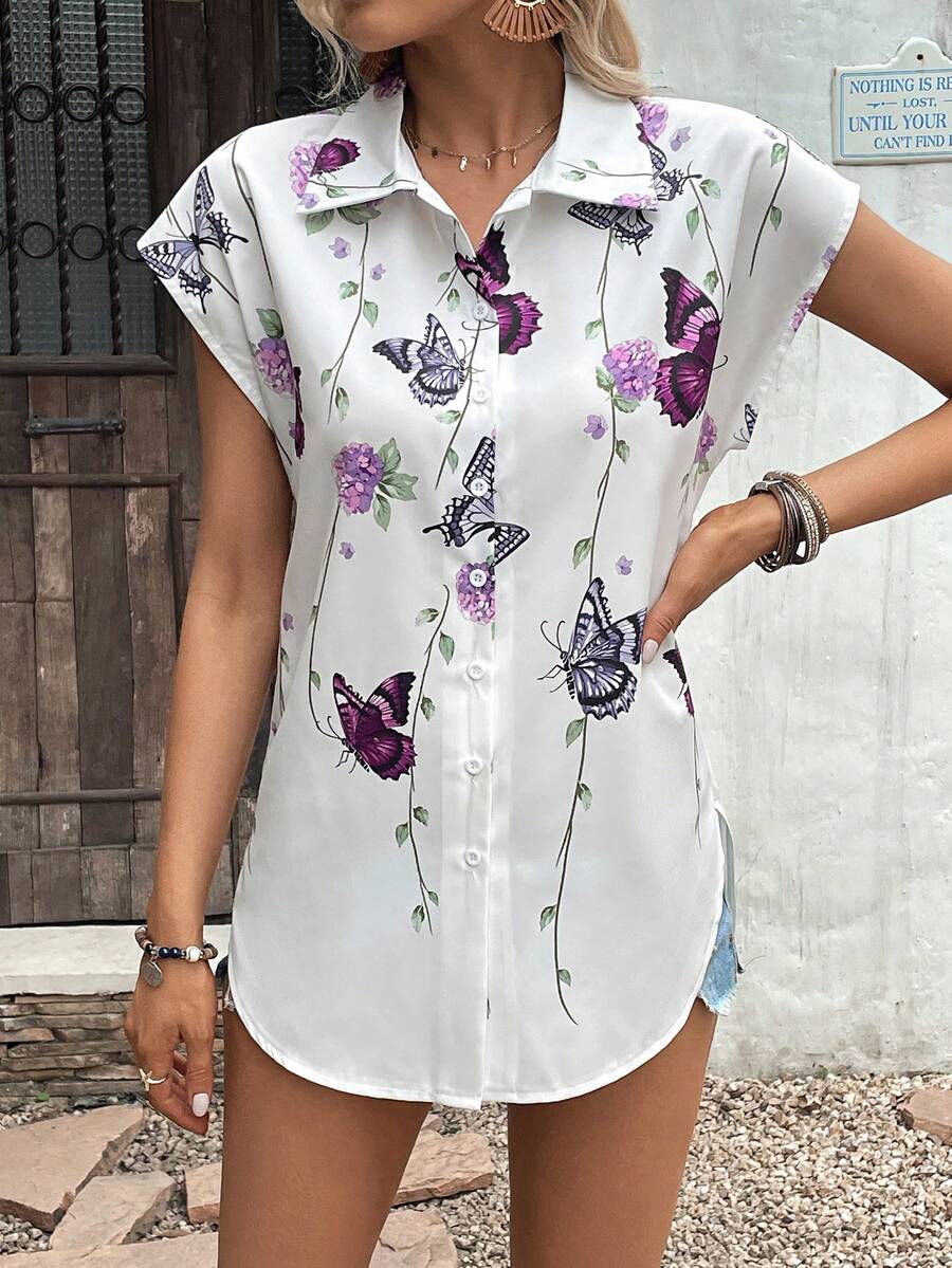 SHEIN VCAY Áo sơ mi nữ Nút phía trước Hoa Loại bướm Giải trí - trắng - Xem 1