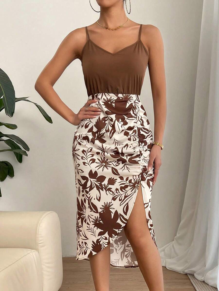 SHEIN Privé Đầm Dây kéo Xù Tách cao Thực vật Boho - Cà phê nâu - Xem 1