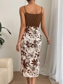 SHEIN Privé Đầm Dây kéo Xù Tách cao Thực vật Boho - Cà phê nâu - Xem 2