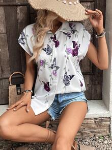 SHEIN VCAY Áo sơ mi nữ Nút phía trước Hoa Loại bướm Giải trí - trắng - Xem 3