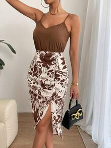 SHEIN Privé Đầm Dây kéo Xù Tách cao Thực vật Boho - Cà phê nâu - Xem 4