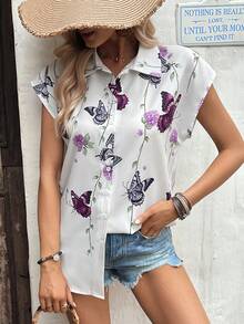SHEIN VCAY Áo sơ mi nữ Nút phía trước Hoa Loại bướm Giải trí - trắng - Xem 4