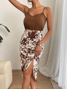 SHEIN Privé Đầm Dây kéo Xù Tách cao Thực vật Boho - Cà phê nâu - Xem 6