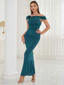 Đầm Bất đối xứng Xù Dây kéo màu trơn Thanh lịch - Màu xanh ngọc - Xem 3