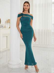 Đầm Bất đối xứng Xù Dây kéo màu trơn Thanh lịch - Màu xanh ngọc - Xem 4