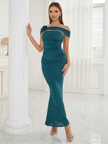 Đầm Bất đối xứng Xù Dây kéo màu trơn Thanh lịch - Màu xanh ngọc - Xem 5