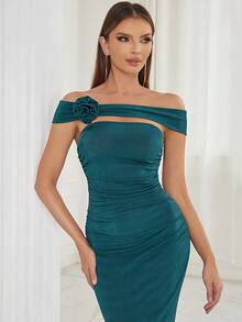 Đầm Bất đối xứng Xù Dây kéo màu trơn Thanh lịch - Màu xanh ngọc - Xem 8