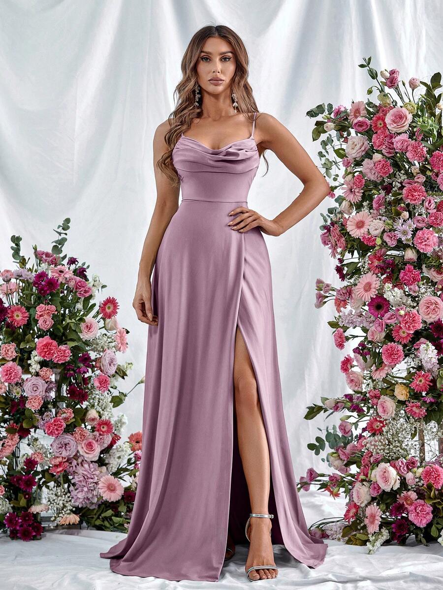 Faeriesty Váy dạ hội dây mảnh thanh lịch với thân áo nhún bèo & xẻ tà cao - Đầm trang trọng cho sự kiện mùa xuân/hè - Dạ hội, đám cưới, vũ hội, thảm đỏ, tiệc cao cấp - Bụi hồng - Xem 1