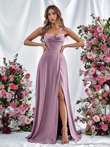 Faeriesty Váy dạ hội dây mảnh thanh lịch với thân áo nhún bèo & xẻ tà cao - Đầm trang trọng cho sự kiện mùa xuân/hè - Dạ hội, đám cưới, vũ hội, thảm đỏ, tiệc cao cấp - Bụi hồng - Xem 3