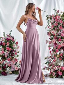 Faeriesty Váy dạ hội dây mảnh thanh lịch với thân áo nhún bèo & xẻ tà cao - Đầm trang trọng cho sự kiện mùa xuân/hè - Dạ hội, đám cưới, vũ hội, thảm đỏ, tiệc cao cấp - Bụi hồng - Xem 6