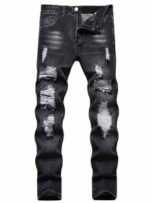 Men Ripped Frayed Cat Scratch Washed Jeans - Black - View 1