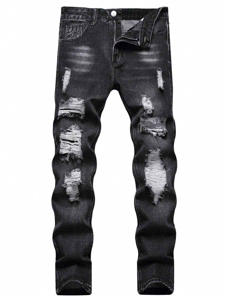 Men Ripped Frayed Cat Scratch Washed Jeans - Black - View 1