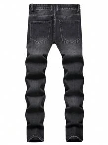 Men Ripped Frayed Cat Scratch Washed Jeans - Black - View 2