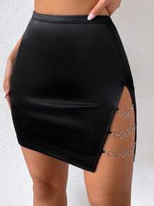 VaVaBold Chain Linked High Waist Skirt Satin Women Outfit - Black - View 1