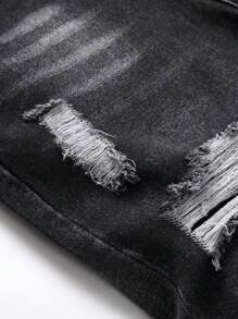 Men Ripped Frayed Cat Scratch Washed Jeans - Black - View 4