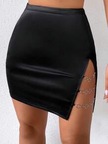 VaVaBold Chain Linked High Waist Skirt Satin Women Outfit - Black - View 5