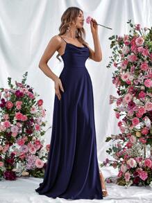 Faeriesty 垂領圍裹下擺吊帶連衣裙 - 藏蓝色 - 查看 6