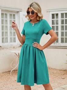 Vestido unicolor de cuello de muesca con bolsillo oblicuo - Azul Cadete - Ver 3