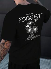 Manfinity Hypemode Men Floral & Slogan Graphic Drop Shoulder Tee - Black - View 1