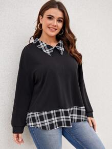 SHEIN LUNE Sudadera con estampado de cuadros de hombros caídos 2 en 1 - Negro - Ver 3