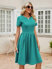 Vestido unicolor de cuello de muesca con bolsillo oblicuo - Azul Cadete - Ver 4