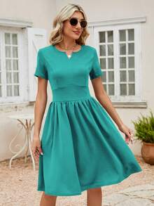 Vestido unicolor de cuello de muesca con bolsillo oblicuo - Azul Cadete - Ver 5