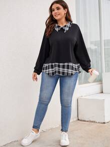 SHEIN LUNE Sudadera con estampado de cuadros de hombros caídos 2 en 1 - Negro - Ver 5