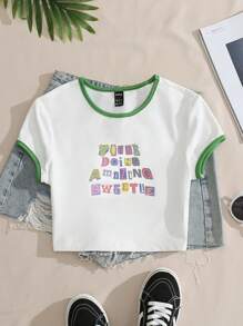 SHEIN Qutie 標語圖案撞色滾邊短款T恤 - 白色 - 查看 1