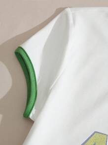 SHEIN Qutie 標語圖案撞色滾邊短款T恤 - 白色 - 查看 4