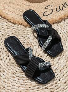 Dép đế bằng đính đá Rhinestone xoắn chi tiết cho nữ, Dép xỏ ngón bằng vải satin đen quyến rũ cho ngày lễ tình nhân mùa hè - màu đen - Xem 3