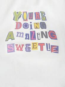 SHEIN Qutie 標語圖案撞色滾邊短款T恤 - 白色 - 查看 6