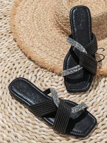 Dép đế bằng đính đá Rhinestone xoắn chi tiết cho nữ, Dép xỏ ngón bằng vải satin đen quyến rũ cho ngày lễ tình nhân mùa hè - màu đen - Xem 5
