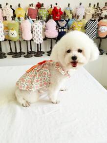 1入組印花蝴蝶結裝飾寵物洋裝 - 橘色 - 查看 6