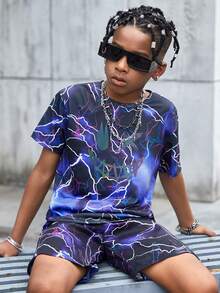 SHEIN Boys Reflective Lightning & Cartoon Graphic Tee & Shorts - Multicolor - View 3