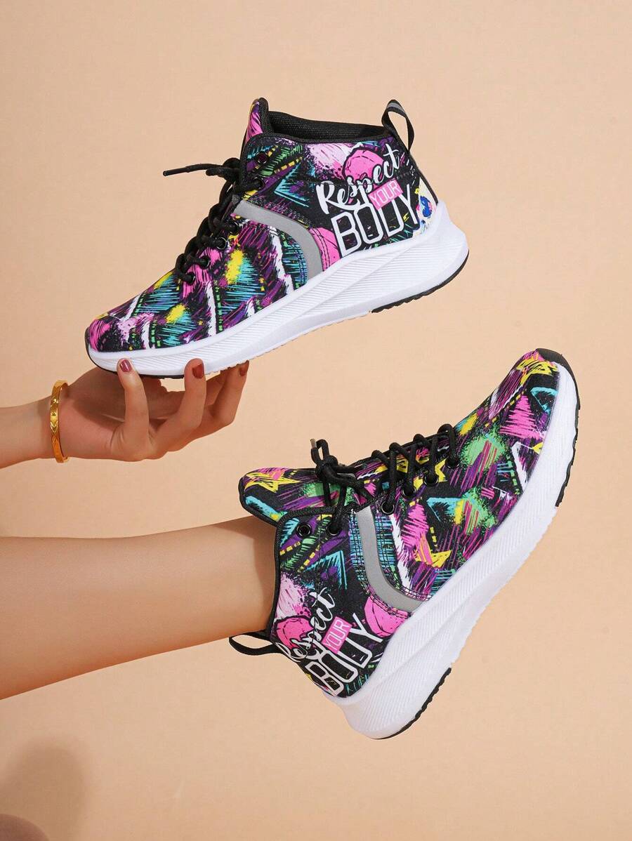Sporty Running Shoes For Women, Colorblock Cartoon Letter Graphic Lace Up Sneakers Wear With Leggings - Multicolor - View 1
