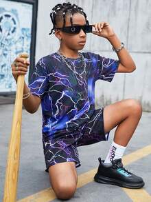 SHEIN Boys Reflective Lightning & Cartoon Graphic Tee & Shorts - Multicolor - View 6