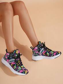 Sporty Running Shoes For Women, Colorblock Cartoon Letter Graphic Lace Up Sneakers Wear With Leggings - Multicolor - View 5