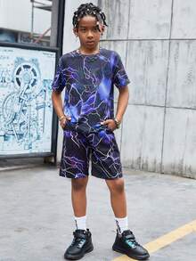 SHEIN Boys Reflective Lightning & Cartoon Graphic Tee & Shorts - Multicolor - View 7