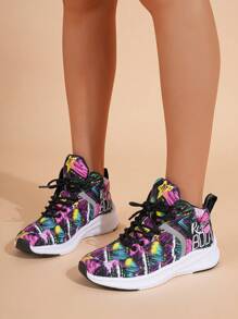 Sporty Running Shoes For Women, Colorblock Cartoon Letter Graphic Lace Up Sneakers Wear With Leggings - Multicolor - View 6