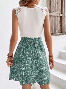 SHEIN Frenchy Đầm Thắt lưng Tương phản ren Họa tiết hoa Boho - màu xanh lá - Xem 2