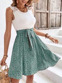 SHEIN Frenchy Đầm Thắt lưng Tương phản ren Họa tiết hoa Boho - màu xanh lá - Xem 3